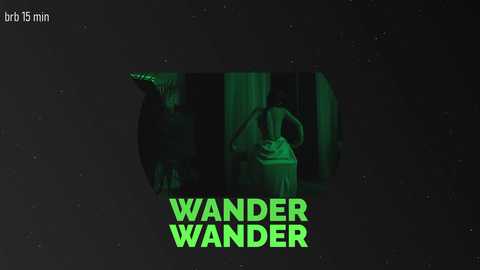 A digital image of a dark, green-lit scene with a woman in a black dress, looking through a window. Text reads \"WANDER WANDER\" in bright green. Background is a dark, starry night sky.