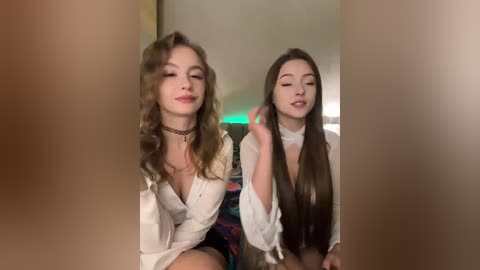 Video of two young women with long hair, one in a white blouse, the other in a white top, smiling and touching each other's hair.