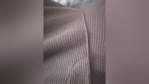 A close-up video of a textured, beige fabric with a woven, grid-like pattern, partially covering the frame. The fabric appears soft and smooth. The background is blurred, emphasizing the fabric's details.