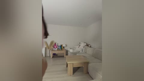 Video of a minimalist, bright living room with beige walls, light wooden floors, a beige sofa, a wooden coffee table, and a stuffed bear on the right.