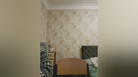 Video of a modest bedroom with beige floral wallpaper, a green upholstered bed, a wooden chair, and a patterned blanket.