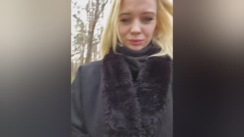 Video of a blonde woman with fair skin, wearing a black fur-trimmed coat, standing outdoors among leafless trees in a blurred background.