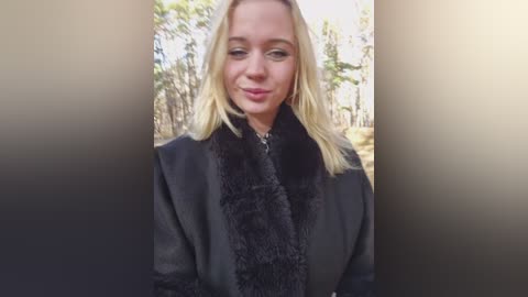 Video of a smiling blonde woman with shoulder-length hair, wearing a black faux fur coat, standing in a sunlit forest with tall pine trees in the background.
