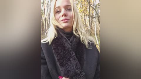 Video of a young, blonde woman with fair skin, wearing a black coat with a dark fur collar, standing in a forest with autumn trees in the background.