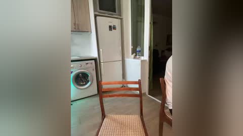 Video of a modern, minimalist kitchen with a white fridge, microwave, and washing machine, wooden chair with woven seat, and partially visible dining area in the background.