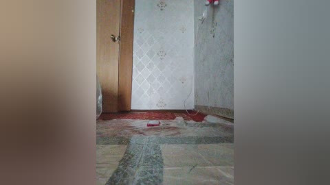 Video of a narrow, poorly lit room with peeling wallpaper, a wooden door on the left, and a red object on the floor.