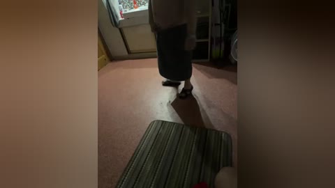 A video of a man in black pants and a gray shirt standing in a dimly lit room with a beige carpet and a green and black striped rug in the foreground.