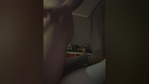 A dimly lit, grainy video of a nude, light-skinned person with medium-sized breasts and a slender build, partially obscured by a shadowy figure, in a dimly lit room with a cluttered dresser.