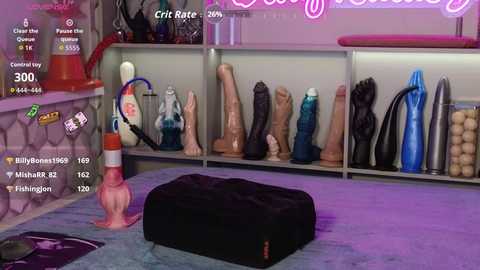 A video of a cozy room with a black bean bag, a pink inflatable pool toy, and a variety of sex toys, including dildos and vibrators, arranged neatly on shelves.