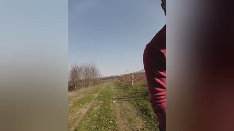 Video of a person in a red sweater, standing on a dirt path in a grassy field, with leafless trees in the background under a clear sky.