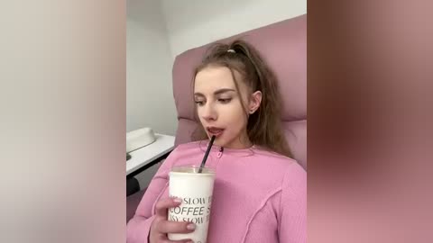 A video of a young woman with light skin and long brown hair in a ponytail, wearing a pink sweater, drinking coffee from a white cup with \"SLOW COFFEE\" text. She's seated in a modern, pink cushioned chair in a minimalistic room.