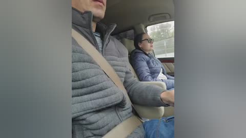 A video captures a man and a woman seated in a car. The man, wearing a gray puffer jacket and glasses, is seen from the chest up, while the woman, dressed in a blue jacket and hat, sits in the passenger seat.