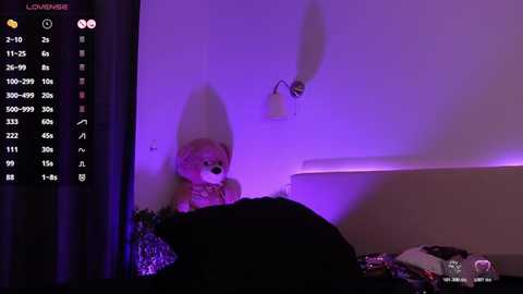 Video of a dimly lit bedroom with a teddy bear on a bed, purple lighting, a wall-mounted lamp, and a digital clock displaying 2:26 AM.
