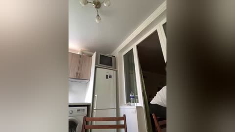 Video of a small, modern kitchenette with white cabinets, a microwave, and a stainless steel fridge. A wooden chair is positioned in front of a partially open door leading to a bedroom with a bed visible. The ceiling has a light fixture.