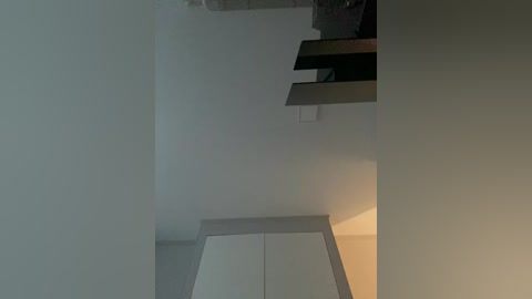 Video of a modern, minimalist bedroom with a narrow, dark-stained wooden staircase against a pale grey wall, leading to a small, dimly lit room with a white cabinet below.