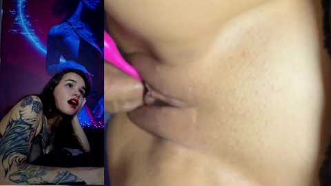 Video collage: Left, a tattooed woman with fair skin, dark hair, red lipstick, looking surprised; right, close-up of a shaved vulva, with visible labia and pubic hair stubble.