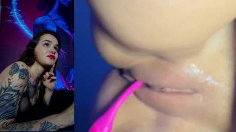 Video featuring a tattooed woman with red lipstick, smiling, against a blue neon-lit background, and a close-up of her shiny pink lips.