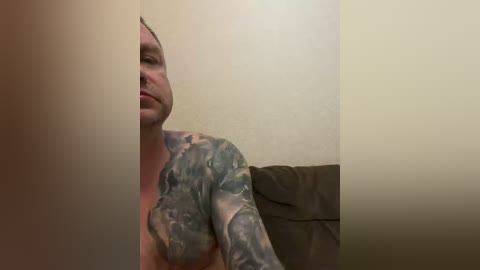 A video of a tattooed, shirtless man with a medium build, fair skin, and short dark hair. He is partially obscured by a shadow, and the background shows a beige wall and a brown couch.