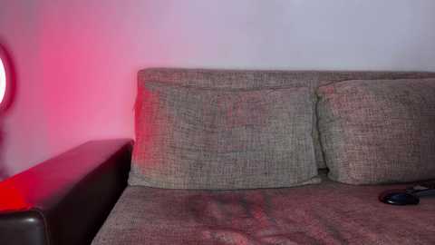 Video of a worn-out beige couch with a dark cushion, illuminated by a red light. The background is a plain white wall.