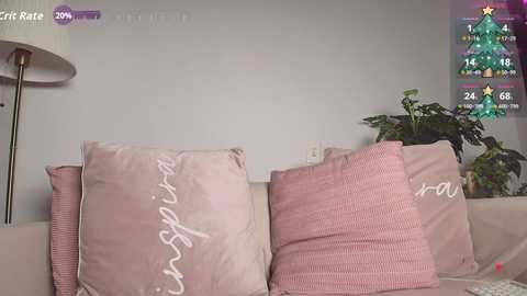 Video of a cozy living room with a beige sofa, pastel pink and white cushions, a green potted plant, a floor lamp, and a digital calendar overlay showing December 26th.