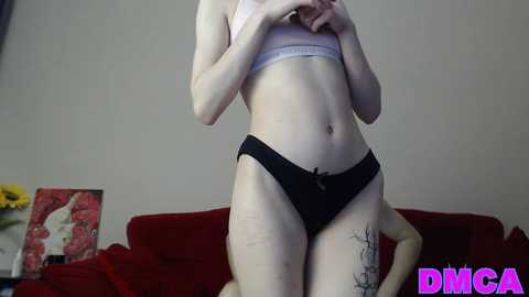 Video of a slender, light-skinned woman with a small tattoo on her right thigh, wearing a white bra and black panties, standing in a room with a red couch and colorful artwork on the wall.