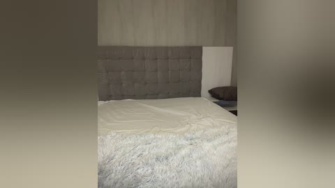 A video of a minimalist bedroom featuring a tufted gray upholstered headboard, a white bed with a light gray faux fur blanket, and beige walls. The room is softly lit, creating a serene and modern ambiance.