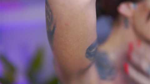 Video of a close-up of a person's bare upper arm with tattoos, slightly blurred background featuring a purple and green color palette.