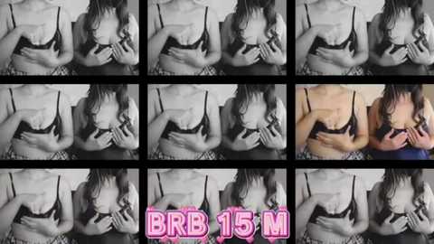 A 3x3 grid of black-and-white photos shows a woman in a bra, with the bottom right photo showing her topless, revealing a medium breast size. The grid includes a pink \"BB 15cm\" text at the bottom.