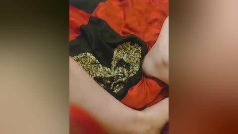 Video of a person cradling a black and red cloth with gold embroidery. The person's hands, with fair skin, are visible on the right, holding the fabric. The background is blurry, with a gradient of brown and red hues.