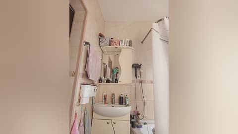 Video of a small, beige-tiled bathroom with a white sink, cabinets, towels, toiletries, and a showerhead mounted on the wall.