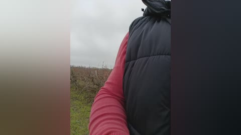 Video of a person wearing a red and black puffy jacket standing in a grassy field with a cloudy sky. The image is slightly blurry and out of focus.