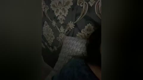 A video shows a person lying on a bed with a dark, floral-patterned bedspread and a white, textured pillow. The person's face is partially visible, wearing a dark cap. The setting appears dimly lit, creating a moody atmosphere.