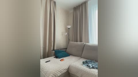 Video of a modern, minimalist living room featuring a beige sofa with a teal pillow, a white quilted blanket, and an orange remote control on the floor.