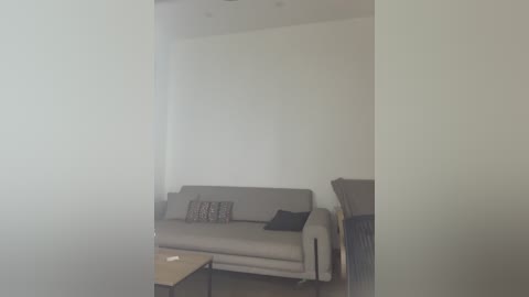 Video of a minimalist living room with a beige sofa, black throw pillows, and a wooden coffee table. The room features a white wall and a recessed ceiling with recessed lights.
