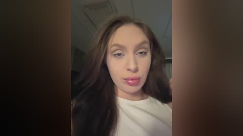 Video of a fair-skinned woman with long brown hair, wearing a white top, making a pouty face with glossy lips, against a blurred indoor background with a ceiling.