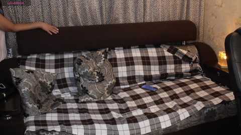 Video of a dark wooden couch with a checkered blanket, featuring a person's hand resting on the backrest. The background includes patterned curtains and a lamp.