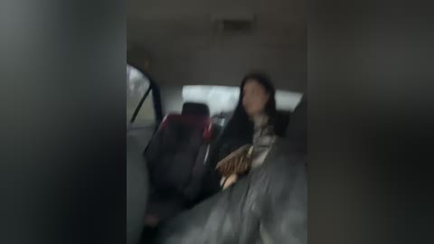 Video of a dimly lit car interior with blurred subjects, featuring a person in a gray coat and a backpack, sitting in the passenger seat.