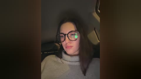 Video of a woman with long dark hair, wearing glasses, a gray turtleneck sweater, and a slight smile, seated in a dimly lit car interior.