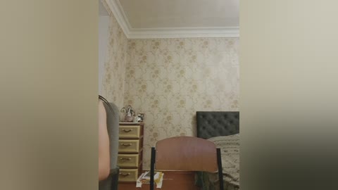 Video of a modest bedroom with beige floral wallpaper, a brown upholstered chair, a wooden dresser, and a tufted gray headboard.