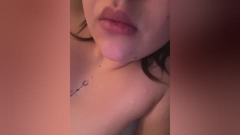 Close-up video of a light-skinned person's partially exposed upper body and lips, with a small, black, tattooed line on the chest. The background is blurred, creating a soft focus effect.