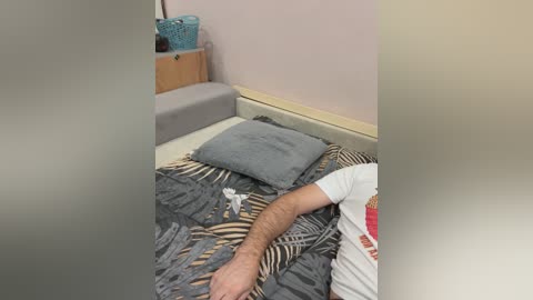 Video of a hospital room featuring a patient lying on a bed covered with a gray, zebra-patterned blanket. The patient's arm is positioned on a gray pillow. A wooden nightstand with a blue basket and a beige wall are visible in the background.