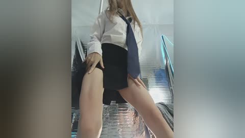 Video of a woman in a short black skirt and white shirt with a blue tie, climbing stairs. She has fair skin and long brown hair, with a blurred background.