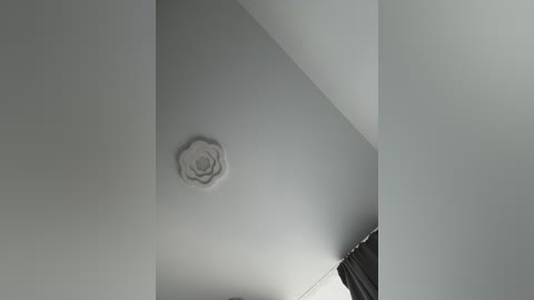 A video captures a minimalist interior ceiling featuring a geometrically shaped white rose plaster relief against a smooth, light gray backdrop. The image focuses on the ceiling and includes a portion of a dark curtain on the right.