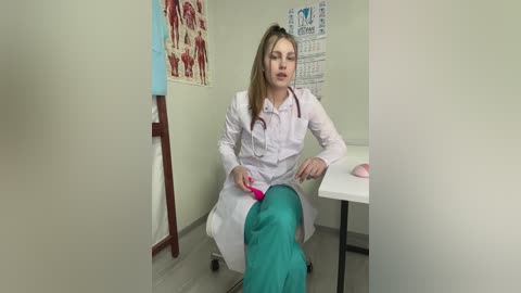 Video of a female doctor in a clinical setting, wearing a white coat, stethoscope, and teal scrubs, examining a patient's leg with a pink instrument.
