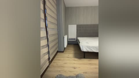 Video of a minimalist bedroom with beige walls, light wooden floors, and a bed with a white duvet against a gray upholstered headboard.