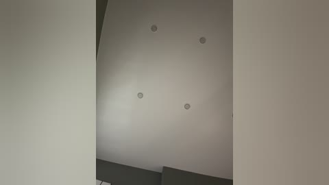 Video of a modern, minimalist ceiling with four small circular light fixtures embedded in a smooth, light gray, textured surface. The image has a neutral, muted color palette and a clean, uncluttered aesthetic.