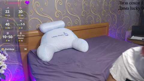 A video of a bedroom with a plush, light blue pillow shaped like a bear on a purple bedspread, against a patterned, gray wallpaper. A digital screen overlay shows \"Mirza dekken\" and \"Munra lucky.\