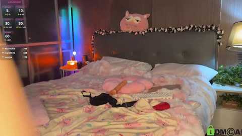 Video of a messy bedroom with a pink stuffed animal on a gray upholstered headboard, white bedding, a red bra, and a laptop, with a digital display showing temperature and time.
