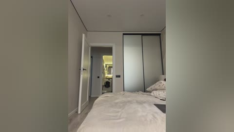 Video of a modern, minimalist bedroom with light green walls, white bedding, and a mirrored wardrobe. The room is bright with recessed lighting and a door leading to an adjacent space visible in the background.