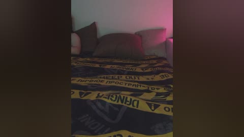 Video of a bedroom with a bed covered in a yellow caution tape blanket, two pillows, and a dimly lit, partially obscured background.